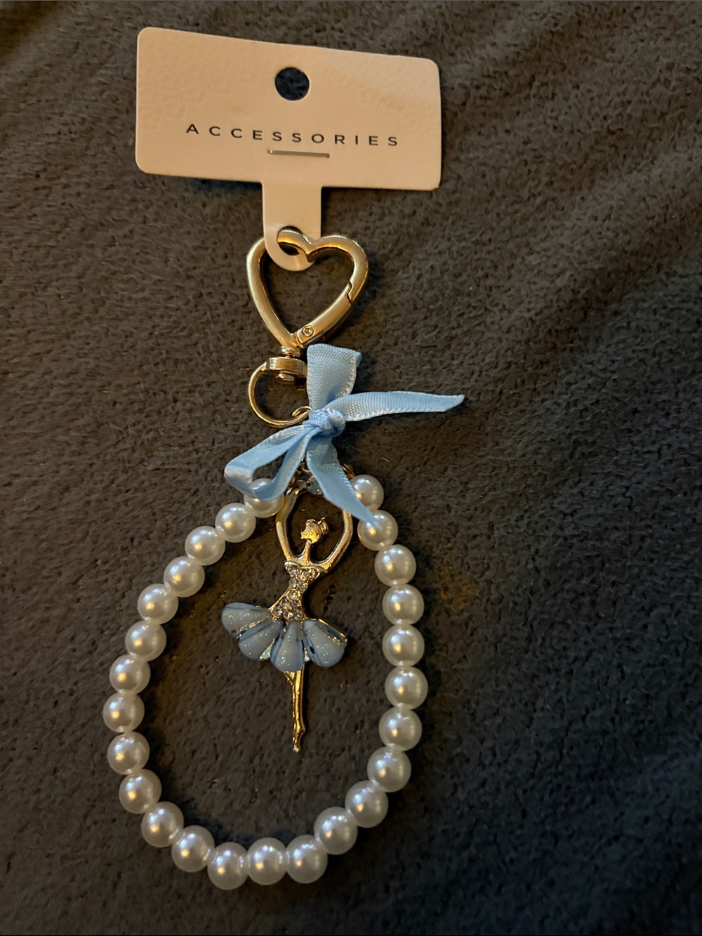 Pearl Ballerina Keychain with Light Blue Bow and Gold Charm